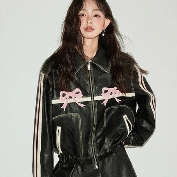 Diddi Moda Black Leather Jacket with Pink bows - Picture 1 of 4